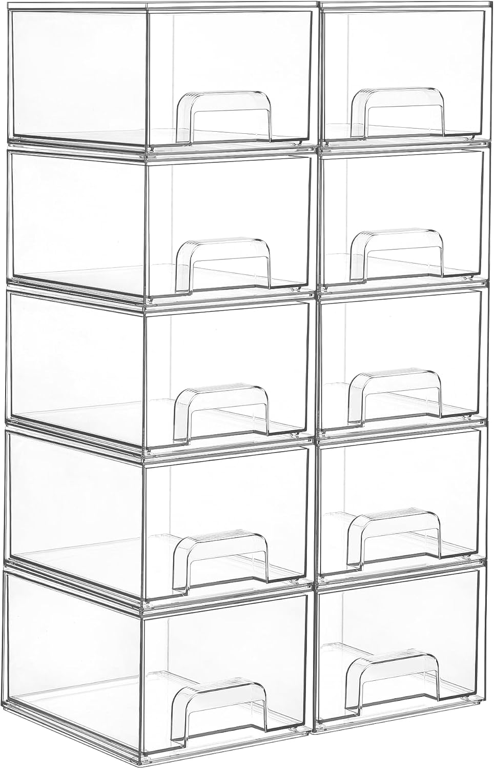 Vtopmart 4 Pack Small Clear Stackable Storage Drawers, Fits Narrow Spaces | Multi-Use Plastic Bins for Bathroom Cabinet Organizer, Makeup, Desk, Vanity, Undersink, Medicine ,Keeps Small Items Organized