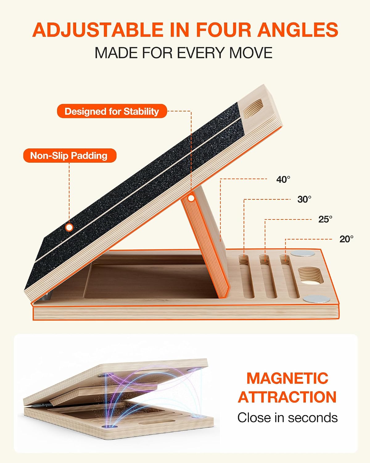 Frylr Portable Wooden Slant Board for Calf Stretching and Exercise, Adjustable Incline Wedge for Squats and Balance