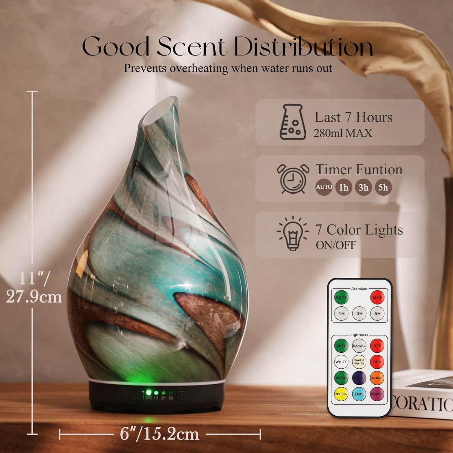 Porseme 280ml Remote Essential Oil Diffuser 3D Glass Ultrasonic Mist 7H | Elegant Handmade Glass Aroma Diffuser with 7-color LEDs, Quiet Aromatherapy and Safe Auto Shut-off, Perfect for Gifts