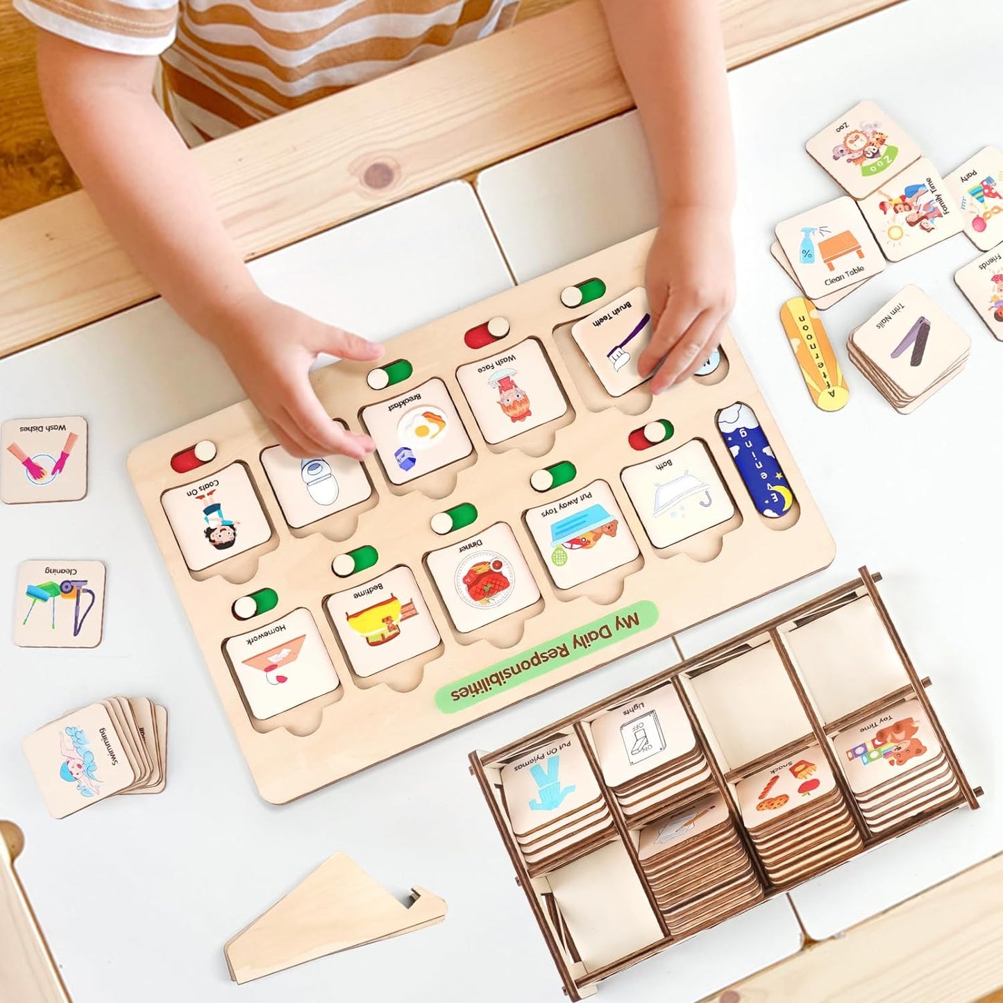 Dreamon Wooden Visual Schedule for Kids Morning and Bedtime Routine Chart | Toddler Chore Chart, Daily Schedule Board for Home/School, 80 Cards, Storage Box & Bag, Done Slider, Autism Learning Material
