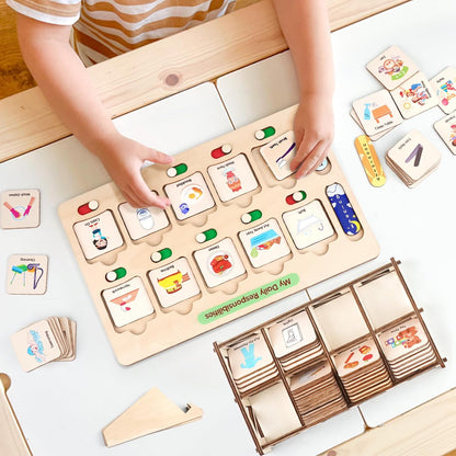 Dreamon Wooden Visual Schedule for Kids Morning and Bedtime Routine Chart | Toddler Chore Chart, Daily Schedule Board for Home/School, 80 Cards, Storage Box & Bag, Done Slider, Autism Learning Material