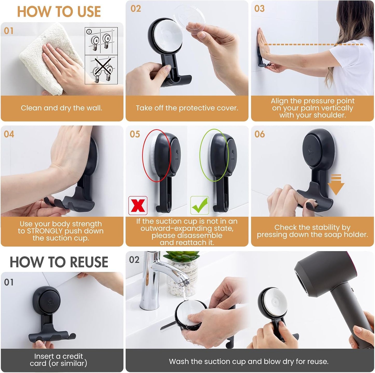 Razor Holder for Shower 2 Pack, Powerful Vacuum Suction Cup Hook for Towel, Loofah, Razor, Squeegee, Damage-Free Wall Shower Hook, Shaver Holder for Bathroom, Easy to Install and Reuse, Black