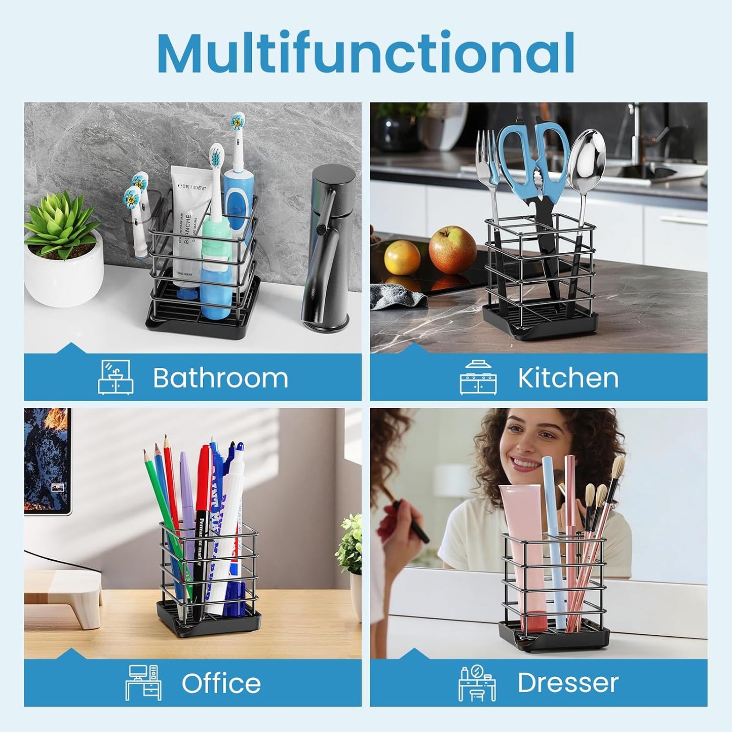 Toothbrush Holders for Bathroom,Black,Stainless Steel,Detachable,Tray,3 Slot