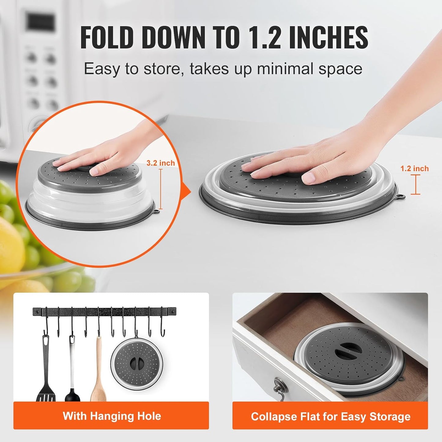 VEVOR Microwave Splatter Cover & Mat, 10.8" Collapsible Microwave Lid for Food, 500°F Heat-Resistant Silicone & Tempered Glass Splatter Guard for Plate Dish, Multi-Purpose Kitchen Gadget with Handle