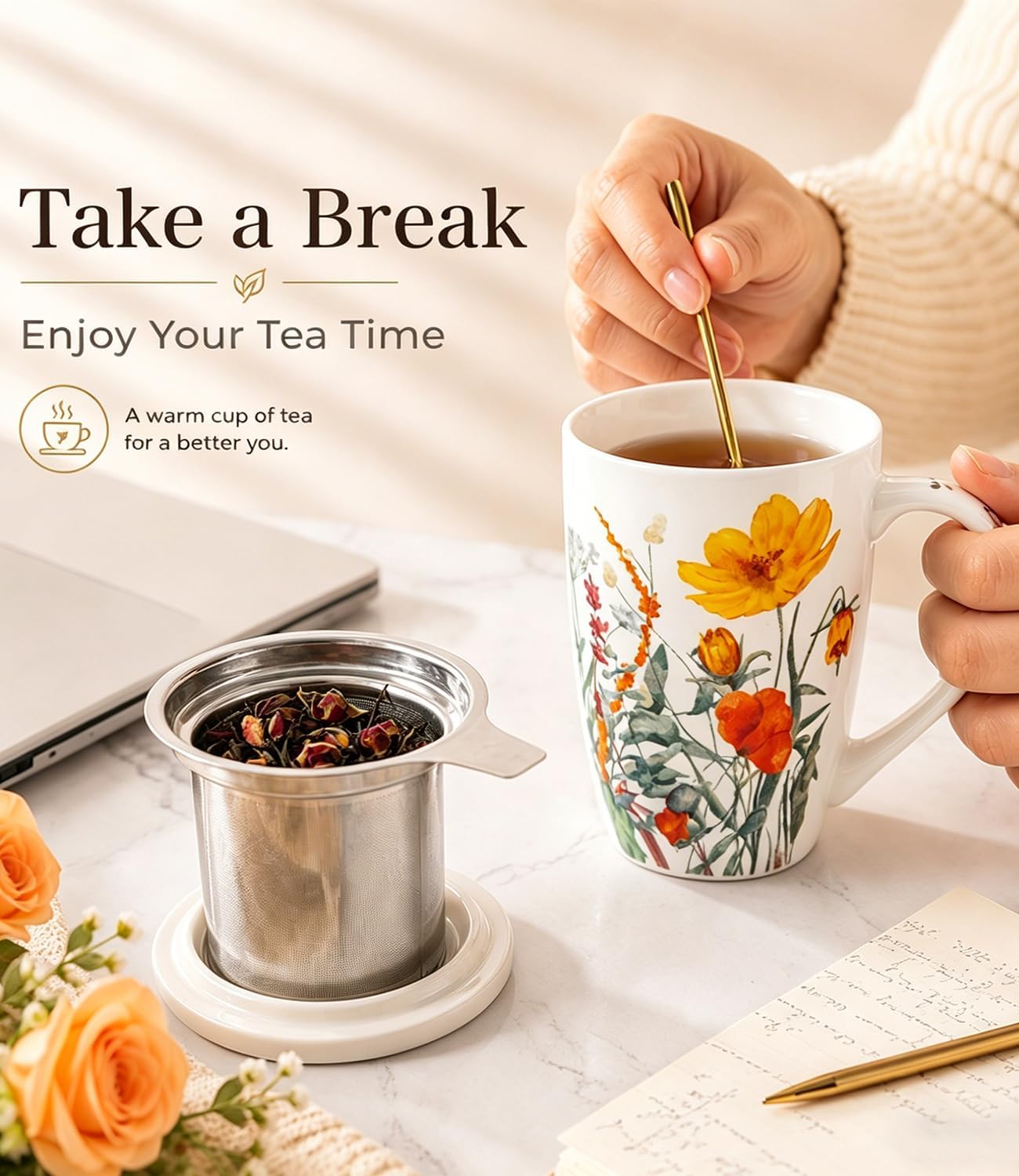 AmorArc Tea Cup With Infuser and Lid, 18oz Loose Leaf Tea Mug With Steeper | Porcelain Tea Mug With Infuser and Lid, Strainer Tea Cup for Tea Lovers, Home & Office, Housewarming Birthday Gift