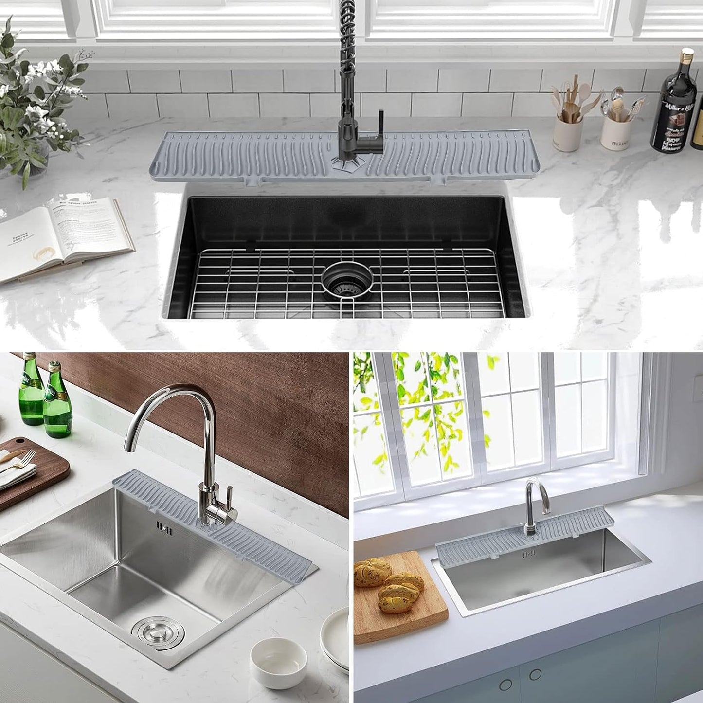 Derlights 33 inch Sink Splash Guard Mat, Silicone Faucet Handle Drip Catcher Tray, Longer Silicone Sink Mat for KitchenBathroom, Drip Protector Splash Countertop (Gray)