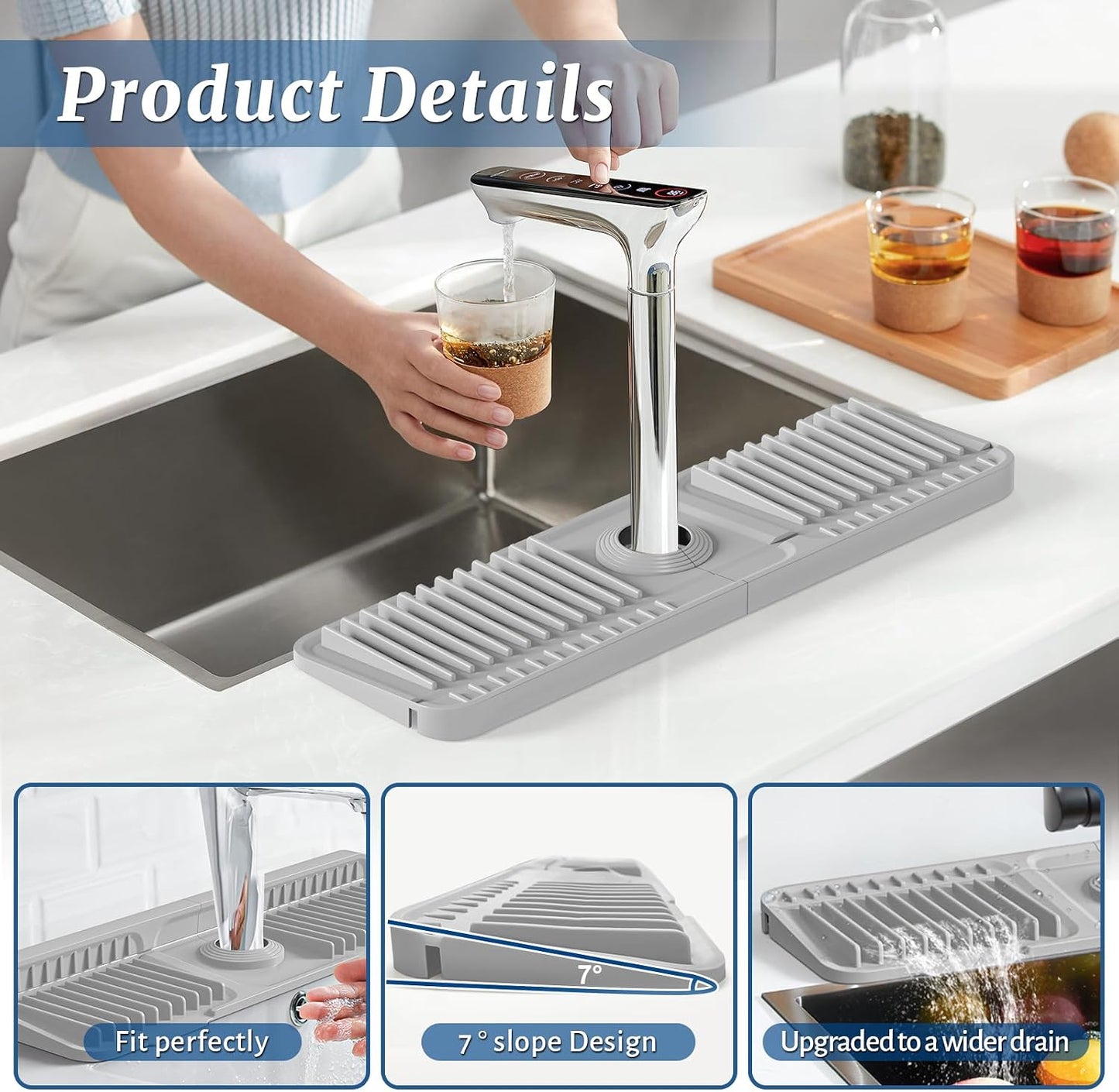 PoYang 24 Inch Faucet Mat for Kitchen Sink Splash Guard, Silicone, Black | Sink Protectors with 7° Slope for Smooth Drainage, Snap Button Holds It in Place, 90° Foldable & Cuttable Hole Fit Most Sinks