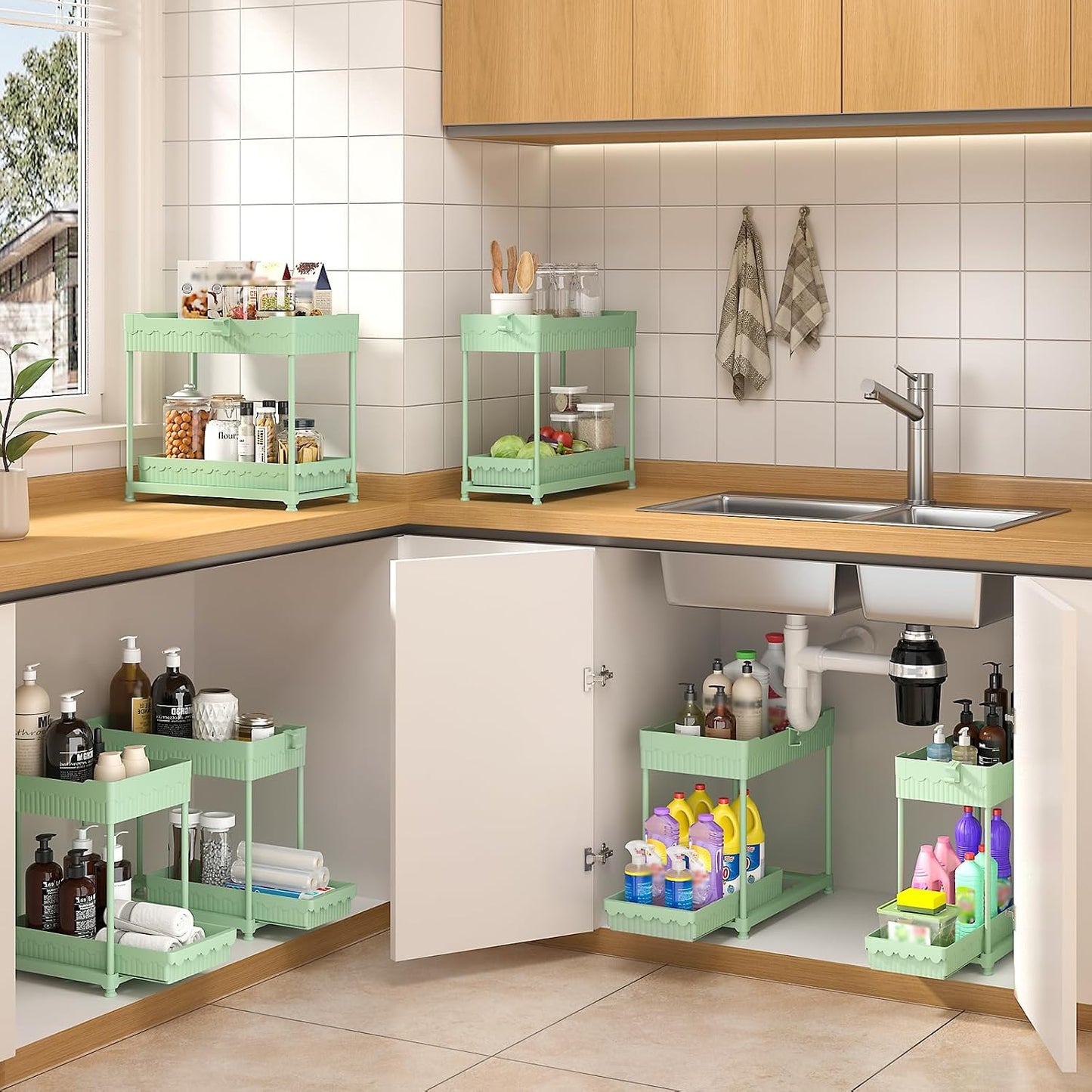 3-Pack 2-Tier Under Sink Organizers with Sliding Drawers | Multi-use kitchen & bathroom storage, 12.8 inch black cabinet organizer, space-saving sliding drawer design.