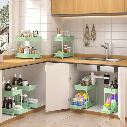 3-Pack 2-Tier Under Sink Organizers with Sliding Drawers | Multi-use kitchen & bathroom storage, 12.8 inch black cabinet organizer, space-saving sliding drawer design.