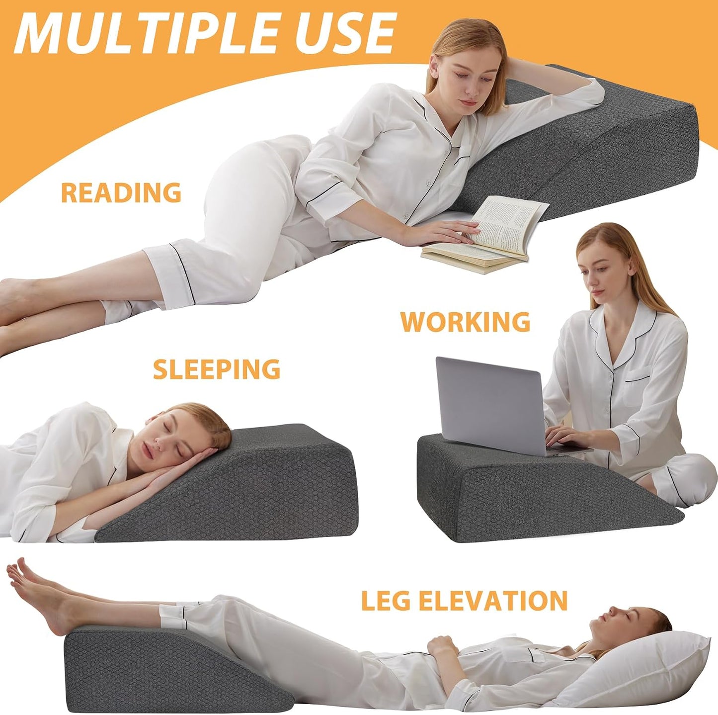 Bedluxe Leg Pillow Elevation Blood Circulation, Wedge Pillow for Legs Swelling, Leg Elevating Wedge Pillow for After Surgery, Foot Knee Pillow for Leg Rest, Sleeping, Memory Foam Top, 8in, White/Grey