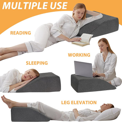 Bedluxe Leg Pillow Elevation Blood Circulation, Wedge Pillow for Legs Swelling, Leg Elevating Wedge Pillow for After Surgery, Foot Knee Pillow for Leg Rest, Sleeping, Memory Foam Top, 8in, White/Grey