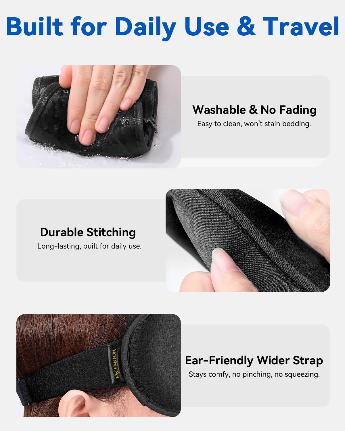 FACEMOON 3D Blackout Weighted Eye Mask for Sleep, Airplane Travel Essential | Long flights, road trips, gentle weighted comfort, deep cups, lash-friendly, adjustable strap, daytime naps for men & women