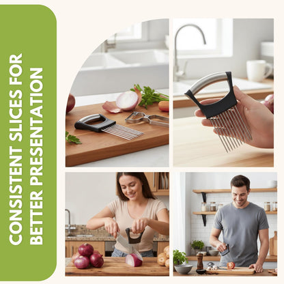 Onion Holder for Slicing, Stainless Steel Onion Cutting Guide with Finger Protector – Vegetable Prep Tool with Bonus Peeler for Safe, Even Slices