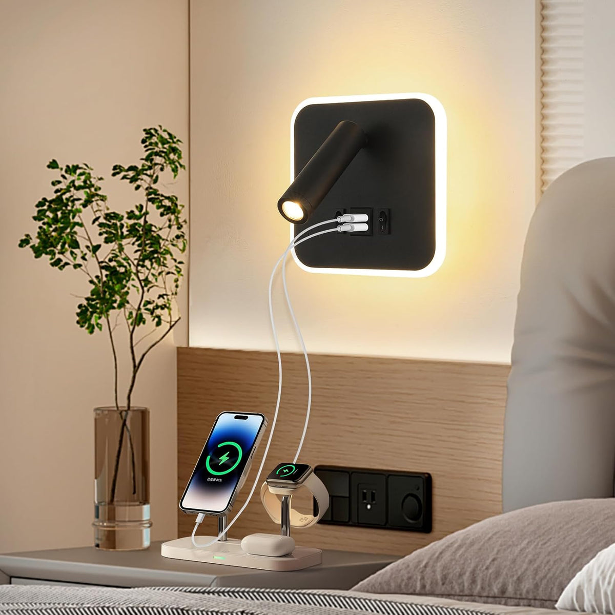 Wall Sconce Plug in with Wall Mounted Reading Lights,Modern Wall Lamp for Bedroom with Charging Station USB C+A Ports,Headboard Bedside Lamps with 3W+9W Night Light,3 Color Temperature