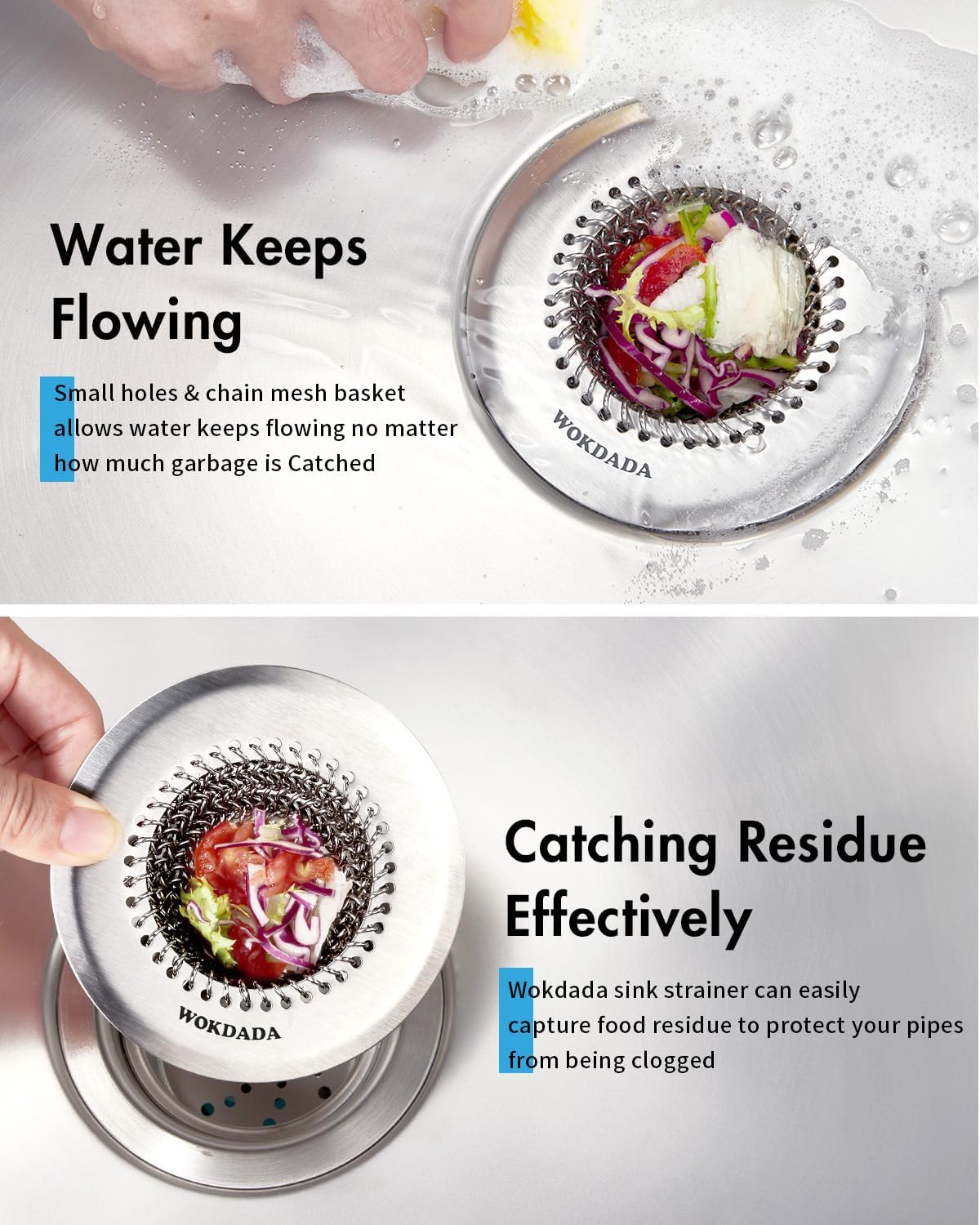 Kitchen Sink Drain Strainer,Patented Reversible Chain Mesh Basket Anti-Clog | Revolutionary Sink Strainer，Easy Clean，Fast Drainage，304 Stainless Steel Rust-Proof，4.4" Large Capacity Food Catcher，Handmade