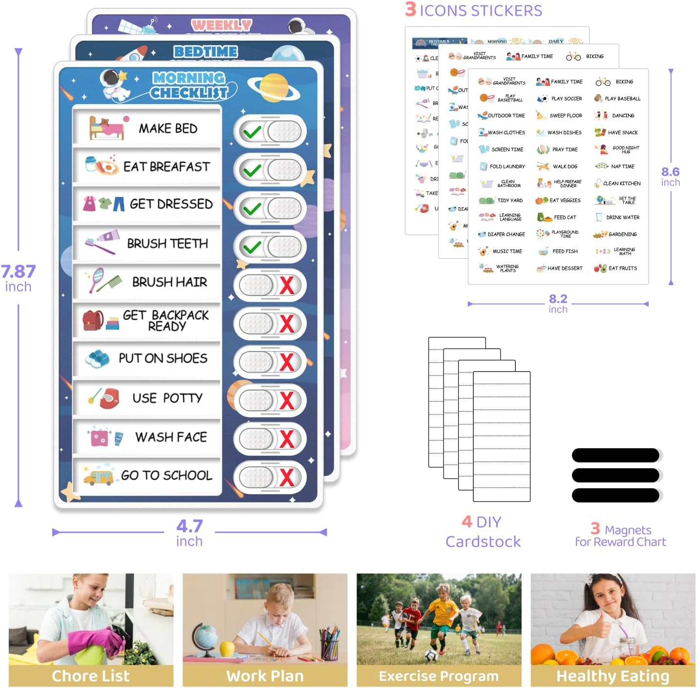 Upgraded Slider 4 in 1 Reward Chart for Kids, Reusable Bedtime/Morning/Daily Routine Chart for Kids, Magnetic Chore Chart for Kids Toddlers, Sticker Chart for Kids Behavior Chart for Kids at Home