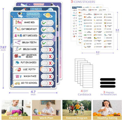 Upgraded Slider 4 in 1 Reward Chart for Kids, Reusable Bedtime/Morning/Daily Routine Chart for Kids, Magnetic Chore Chart for Kids Toddlers, Sticker Chart for Kids Behavior Chart for Kids at Home