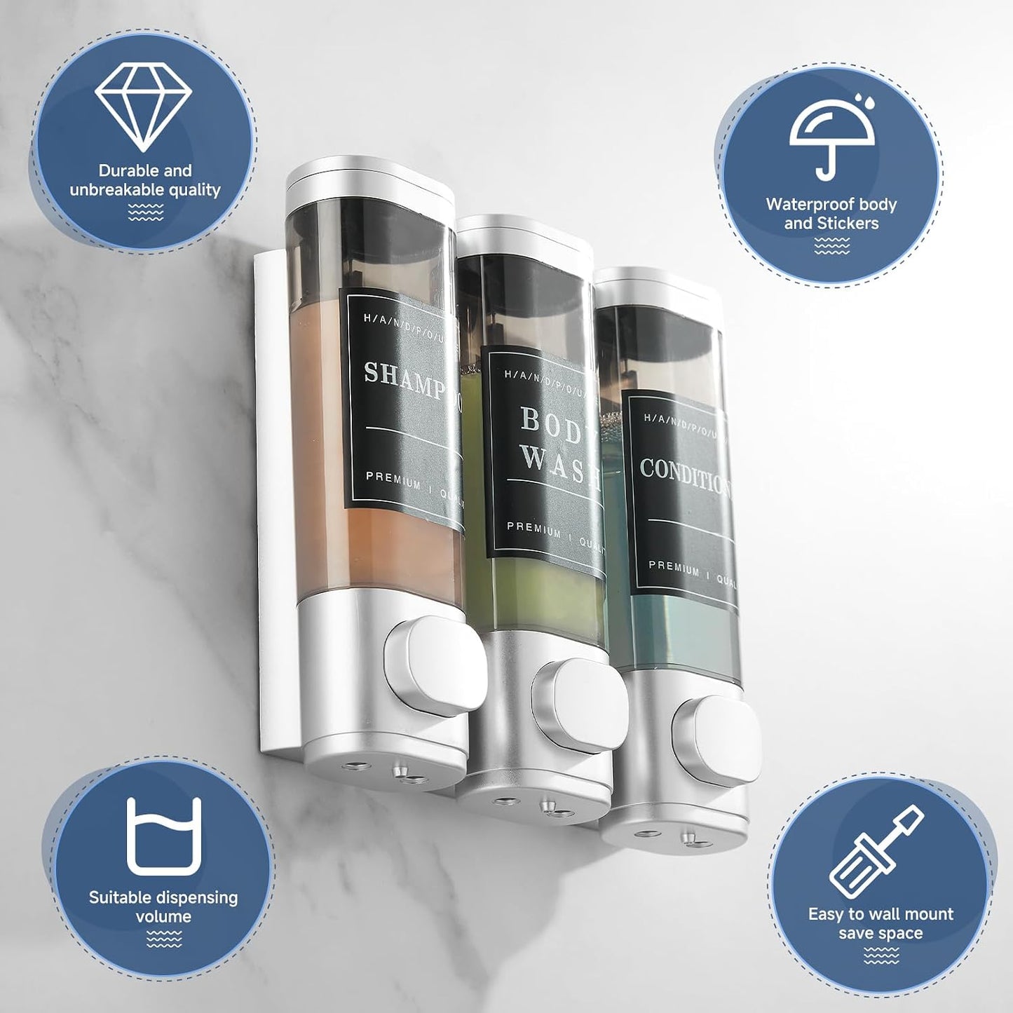 Cabo Deseado Shower Soap Dispenser Wall Mounted No Drill Shampoo Dispenser for Shower Wall Shampoo and Conditioner Dispenser Bathroom Hotel 3 * 350ml Gungray with Labels