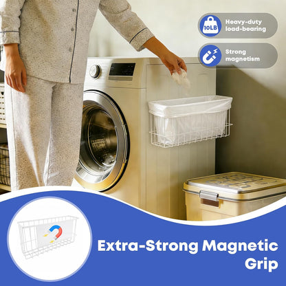 Magnetic Holder for Wool Dryer Balls & Lint Bin (2-Pack, Black) – Extra Long 14.2" & 10.4" Metal Laundry Trash Can – Washer Side Organizer with 4 Magnetic Hooks (Balls Not Included)