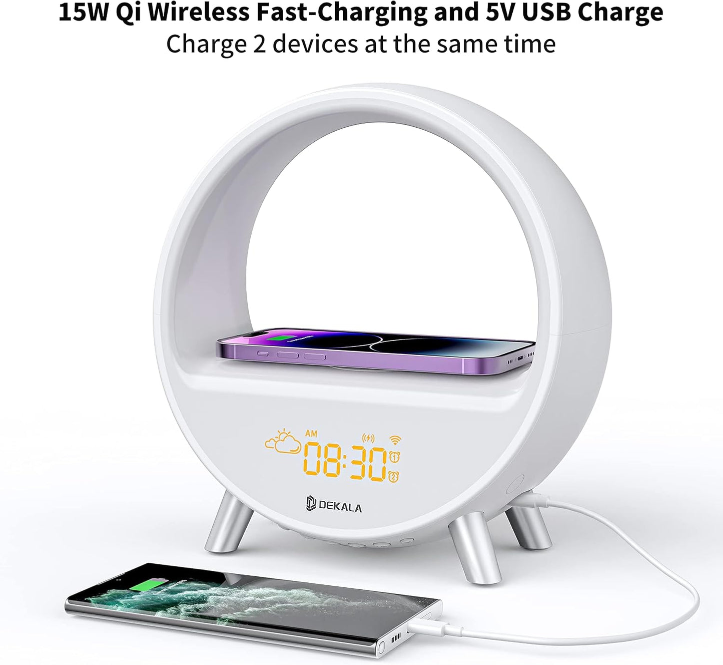 Dekala Arches Gradual Sunrise Alarm Clock with Wireless Charging, Sunset White Noise Sound Machine Loud Sunsire Alarm Clock for Heavy Sleepers Smart Ambient Lamp