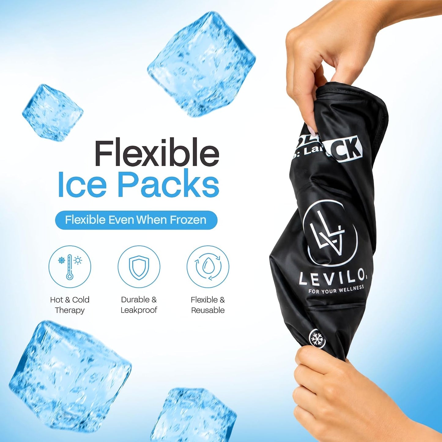 LEVILO Large Ice Packs for Injuries Reusable with Straps - 2 Pack (Large & Small) Soft Ice Packs | Cold Packs for Back, Shoulder, Knee, Relief | After Surgery | Flexible When Frozen