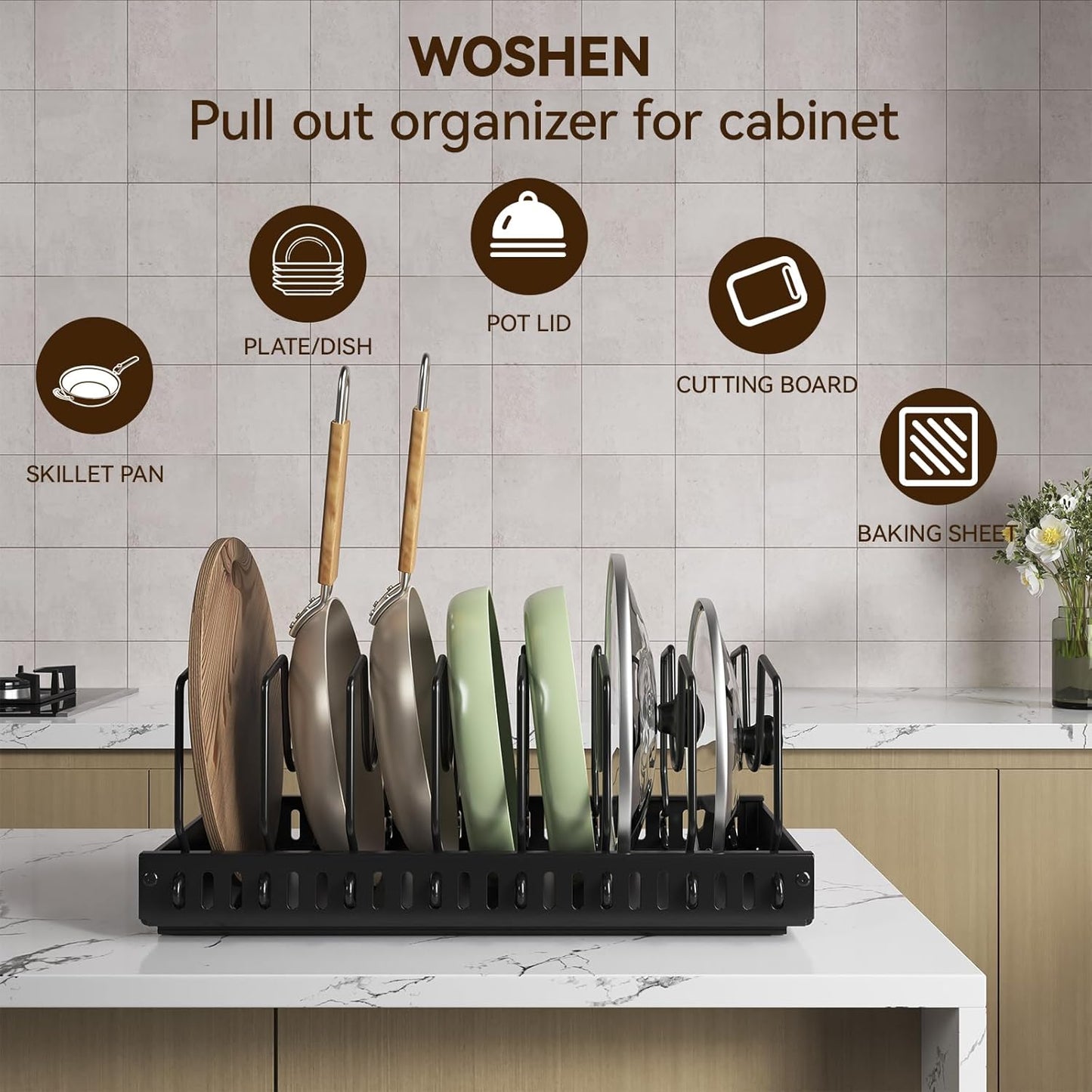 Black 2 Pack Pot Lid Organizer, Pull Out Cabinet Rack, 16 Dividers | 2-pack black carbon steel rack, 16 adjustable dividers, quiet slide rails, adhesive or screw mount for lids, pans, bakeware