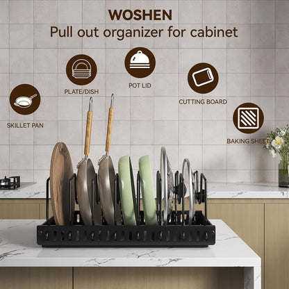 Black 2 Pack Pot Lid Organizer, Pull Out Cabinet Rack, 16 Dividers | 2-pack black carbon steel rack, 16 adjustable dividers, quiet slide rails, adhesive or screw mount for lids, pans, bakeware