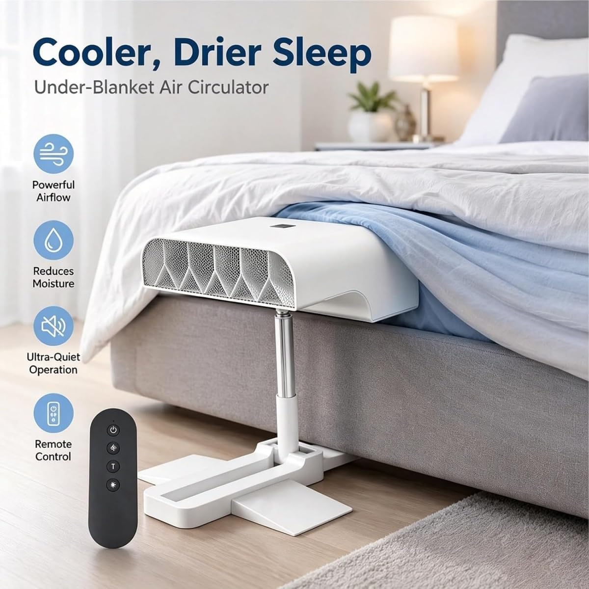 Bed Cooling Fan Under Sheets - Bed Cooling System with 5 Speeds and Remote, Adjustable Height Mattress Fans for Under Blankets
