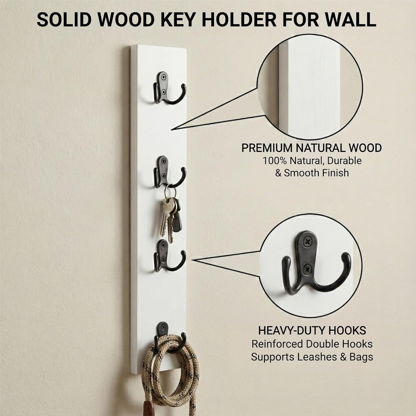 Vertical Key Holder for Wall & Dog Leash Holder – Solid Wood Wall Mount Key Rack with 8 Hooks – Small Space Saving Entryway Organizer for Keys, Lanyards, Masks (Adhesive or Screws) (White)