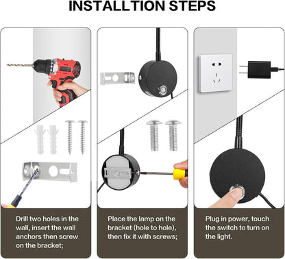 Reading Light for Bed, Wall Mounted Reading Lights with 15" Flexible Gooseneck, Touch Control, 3 Colors Temperature and Stepless Dimmable, Plug in Headboard Book Light(2 Pack)