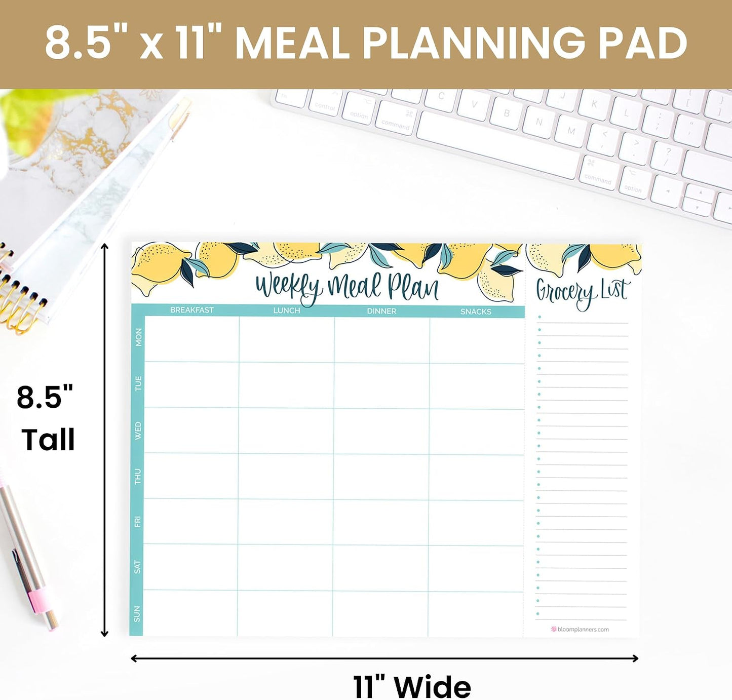 bloom daily planners Horizontal Weekly Magnetic Meal Planning Pad for Fridge with Tear-Off Grocery Shopping List - Hanging Food/Menu Organizer Notepad with Magnets - 8.5” x 11” - Lemons