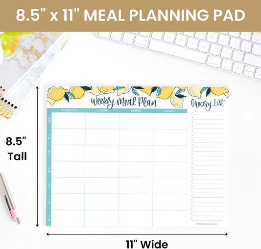 bloom daily planners Horizontal Weekly Magnetic Meal Planning Pad for Fridge with Tear-Off Grocery Shopping List - Hanging Food/Menu Organizer Notepad with Magnets - 8.5” x 11” - Lemons