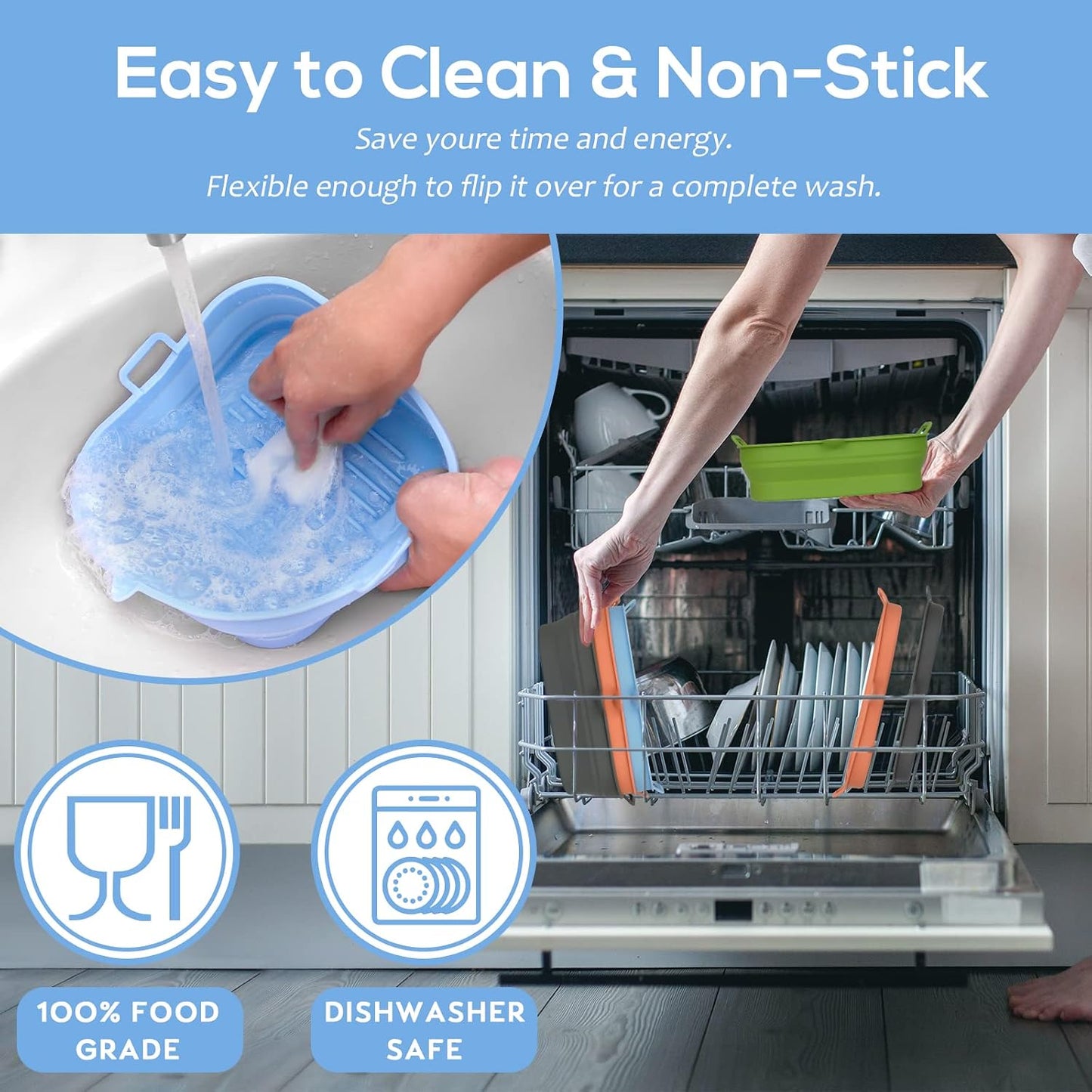 Silicone Air Fryer Liners Square - Reusable Airfryer Collapsible Basket - Easy to Clean Air Fryers Pot for 5.8 to 8 Qt Baking Tray Oven Accessories, 8.5 Inch Large
