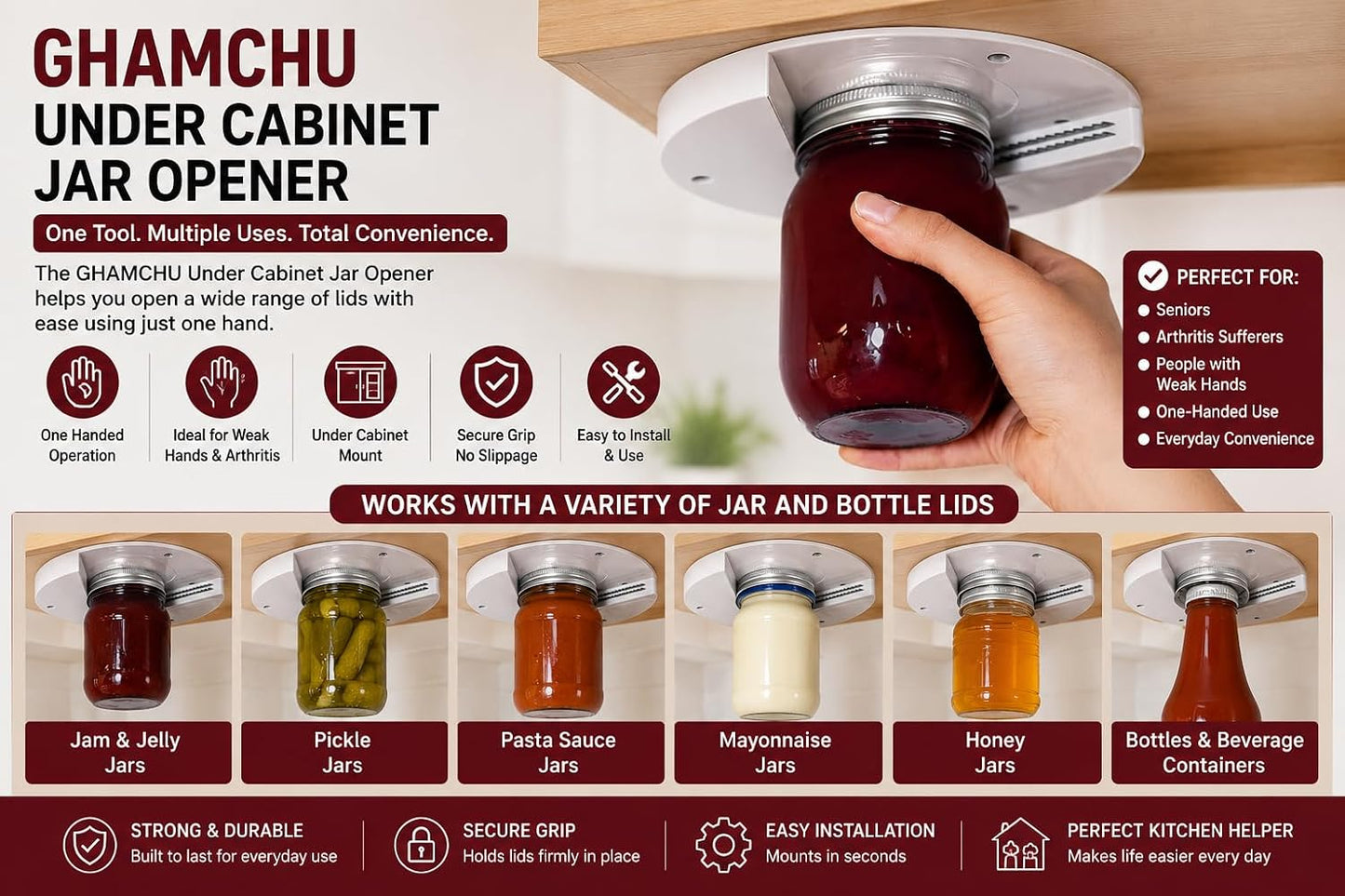 1 Pack Easy Grip Jar Opener for Seniors - Under Cabinet Jar Openers for Weak Hands, Arthritis jar opener, One Handed Gadgets & Bottle Opener - All In One Lid Remover