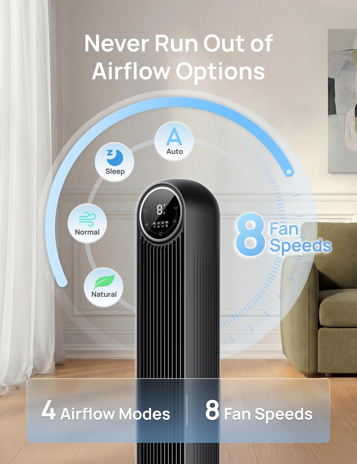 DREO Tower Fan for Bedroom, 28ft/s High Velocity, 9 Speeds, DC Motor