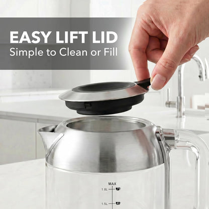 OVENTE 1.7L Double Wall Glass Electric Kettle Water Boiler, Silver KG912S | 1500W Fast Boiling, Easy Fill Lid, Borosilicate Glass, Cool-Touch Design, Blue LED, Auto Shut-Off, Boil-Dry Protection