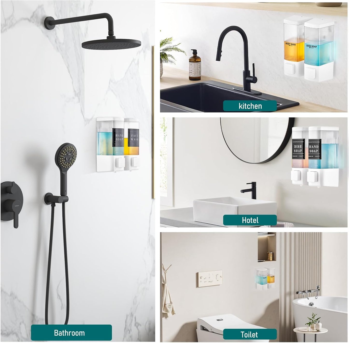 Pollock Shampoo and Conditioner Dispenser,Black 3 Chamber * 500ML | Shower Soap Dispenser Wall Mounted, Body Wash Dispenser No Drill,Refillable Shower Dispenser for Bathroom,Hotel,Public Place