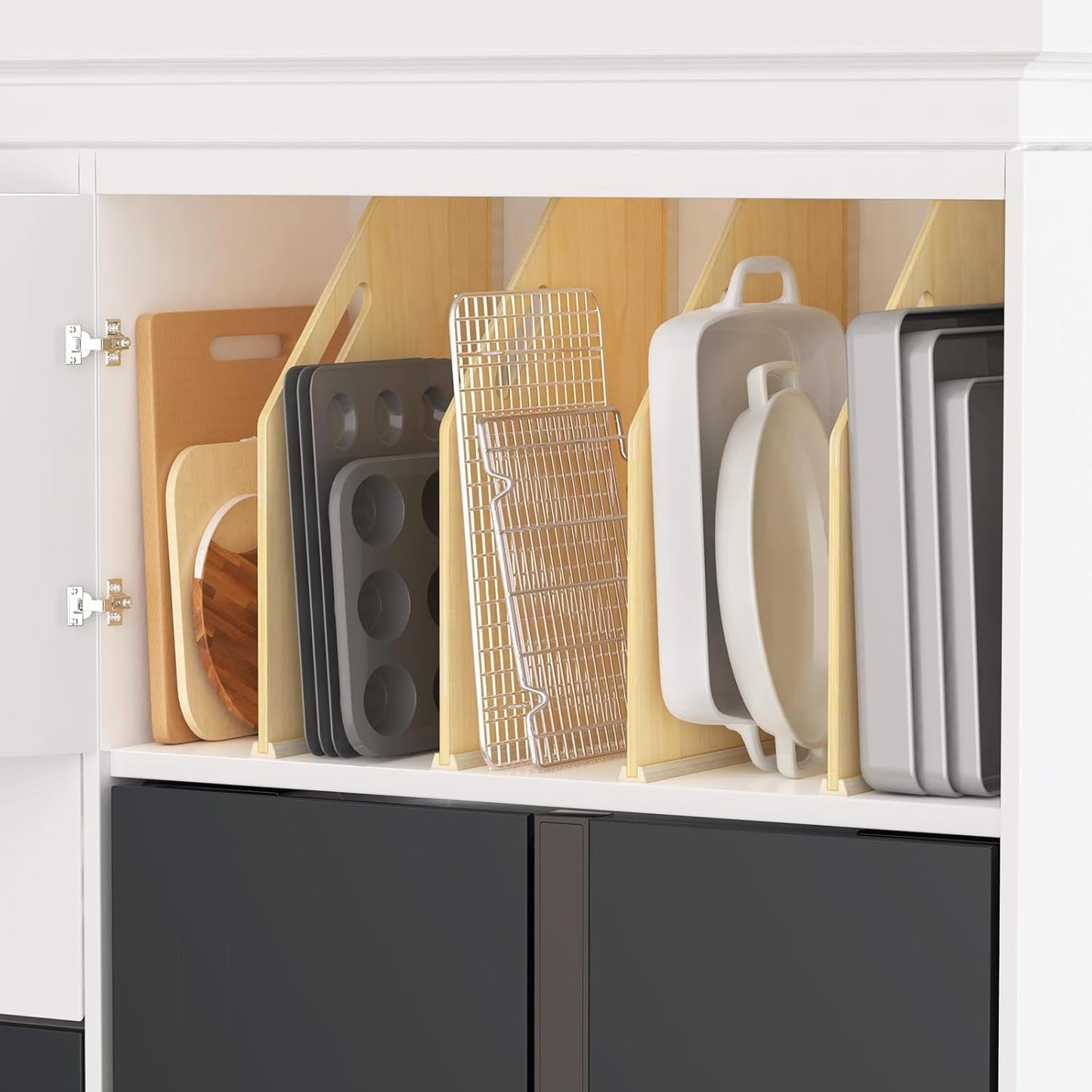 4 Pack Wood Tray Dividers for Cabinet, Cookie Sheet Organizer for Cabinet | No cutting required, Premium Wood, 2 Assembly Methods, Kitchen Cabinet Dividers for Storing pans, Baking tray, Cutting Board