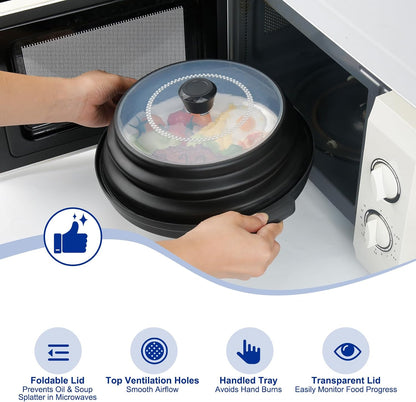 Microwave Splatter Cover for Food with Handle &Heat-Resistant Mat, 10.7" Collapsible Microwave Plate Cover - BPA Free, Dishwasher Safe Food Lid, Multi-Use Colander & Steamer for Meal Prep （Black）
