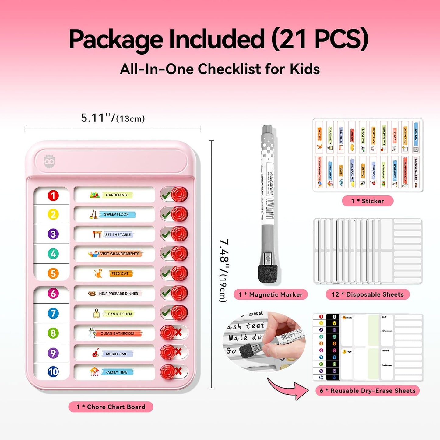 Chore Chart for Kids with Timer, 21 PCS Checklist Magnetic Schedule Board, ADHD Tools with 99-Min Countup/Down Visual Timer, Bedtime/Morning/Daily Routine Chart Dry Erase to Do List with Slider(White)