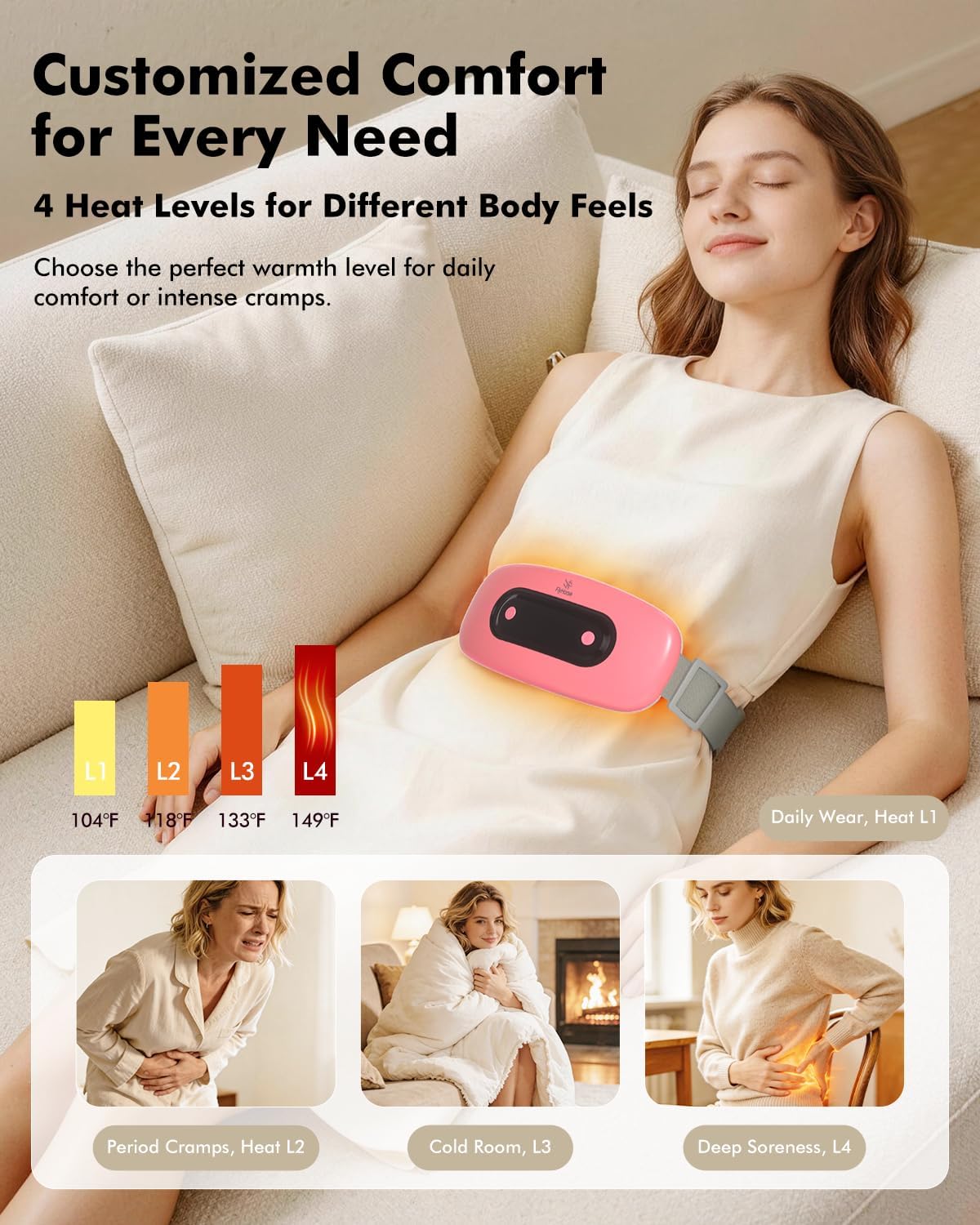 Portable Cordless Menstrual Heating Pad with 4 Heat Levels and 4 Massage Modes,Electric, Fast Large Heating Belly Wrap Belt (Black)
