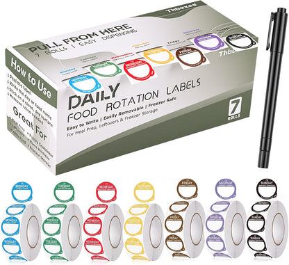 7000 Pcs Removable Day Label with Marker, 7 Colors, 1 inch - Peel Tab Waterproof Freezer Safe Food Labels (Mon-Sun) for Meal Prep and Restaurant Kitchen