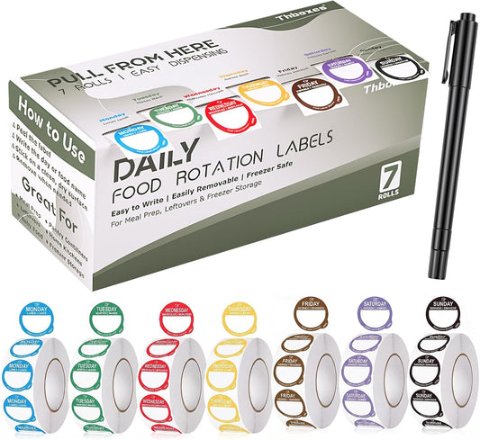 7000 Pcs Removable Day Label with Marker, 7 Colors, 1 inch - Peel Tab Waterproof Freezer Safe Food Labels (Mon-Sun) for Meal Prep and Restaurant Kitchen