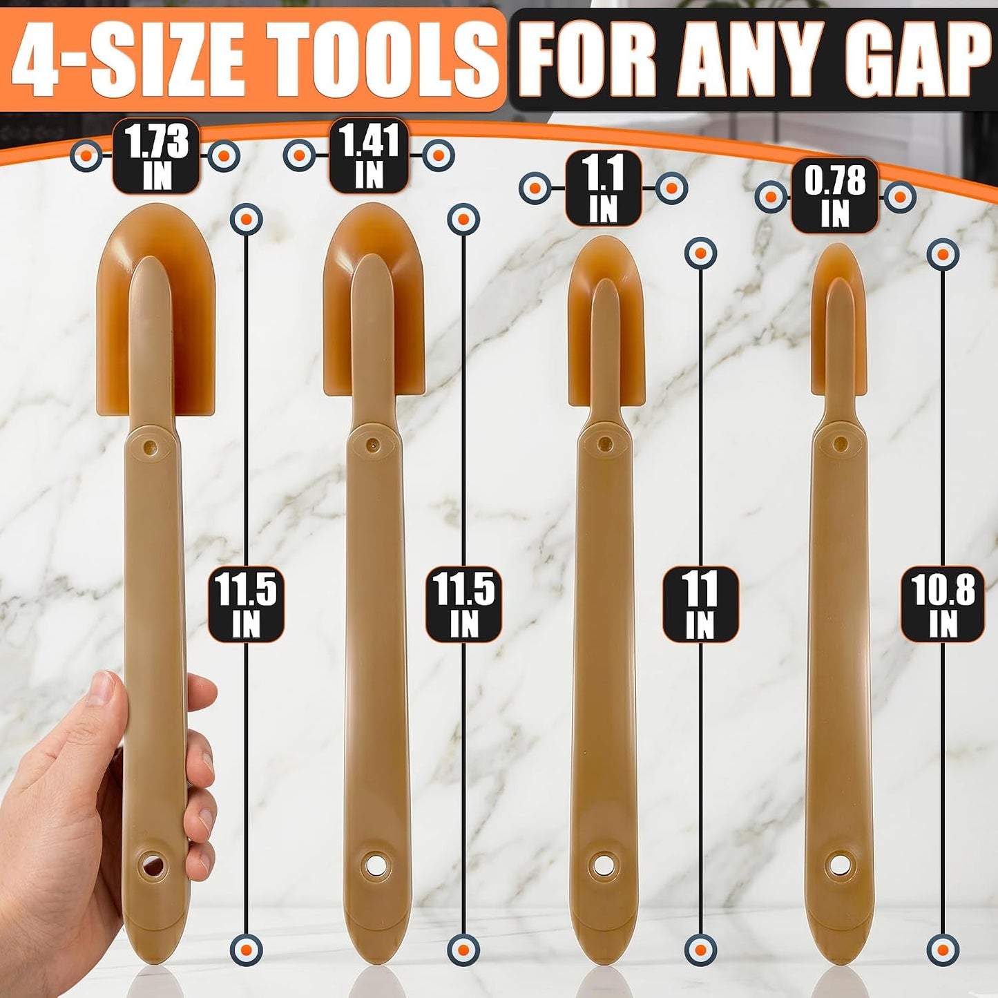 4-Piece Caulking Tool Kit for Silicone Sealant, Grout and Sink Edges | Caulk Tool Set; Sizes 0.78"-1.73"; Urethane Rubber Tips with ABS Handle; Reusable; for Bathroom, Kitchen, Tile & Window