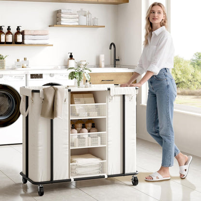 WOWLIVE Laundry Sorter 2 Section, 200L Rolling Laundry Hamper with Wheels | Laundry Cart with Steel Frame, Laundry Basket with Hanging and Removable Bag, Storage Unit Basket Organizer for Dorm, Beige
