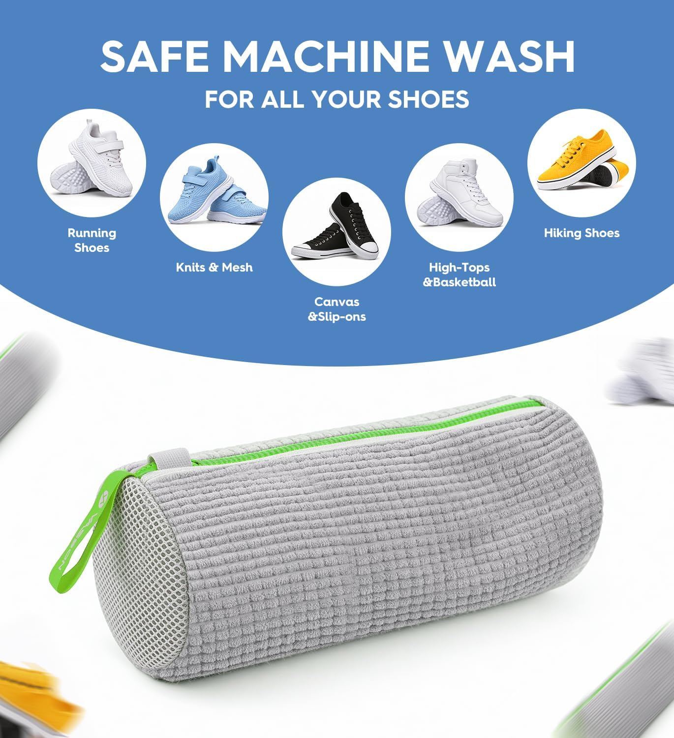 VASSON Shoe Washing Machine Bag, 2 Pack XL Laundry Bags for Sneakers | Heavy-duty thick material for noise reduction. Fits large shoes up to Size 13 - Cool Grey/Blue