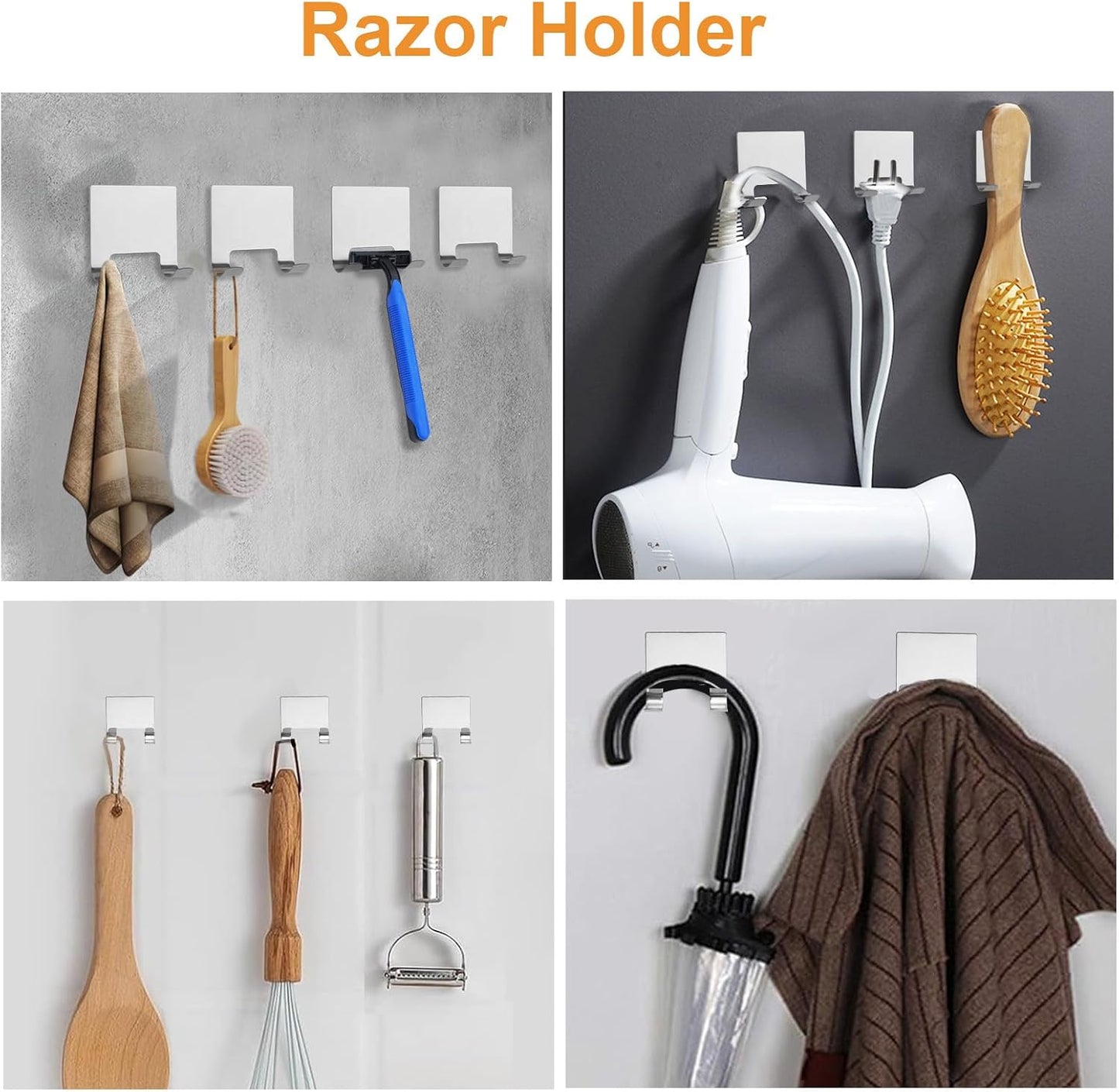 MOROBOR 4 Pcs Shower Squeegee Adhesive Hook, All-Purpose Scraper Holders Towel Hooks Stainless Steel Waterproof Storage Hook Bath Accessories for Kitchen & Bathroom（Black）