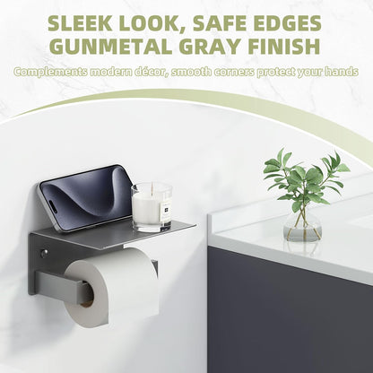APLusee Matte Black Toilet Paper Holder with Storage Shelf, Wall Mounted | Rustproof 304 Stainless Steel, 2-in-1 Functional Toilet Paper and Phone Storage, Fits Bathroom, Restroom, Vanity, Kitchen