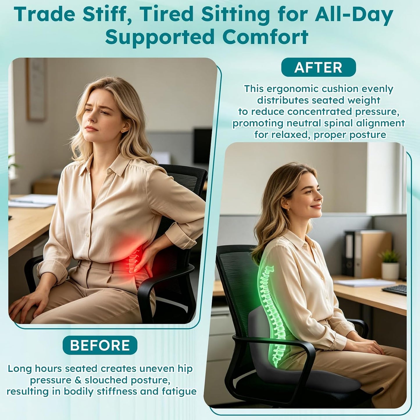 Ergonomic L-Shaped Memory Foam Seat Cushion & Lumbar Support | Non-Slip Pad for Back & Tailbone Pain Relief, Fits Office, Gaming, Truck, SUV & Car Driver Seats