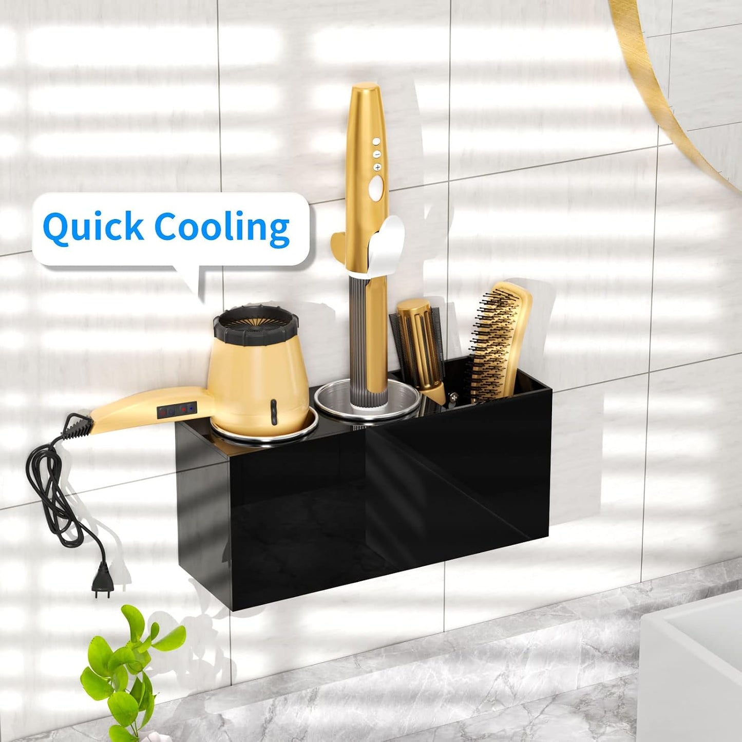 NIUBEE Hair Tool Organizer Wall Mount, Hair Dryer Holder for Bathroom,White | Acrylic Hair Organizer Storage Countertop, Blow Dryer Holder, Hot Tools Organizer for Curling Iron, Brush, 2 Stainless Cups